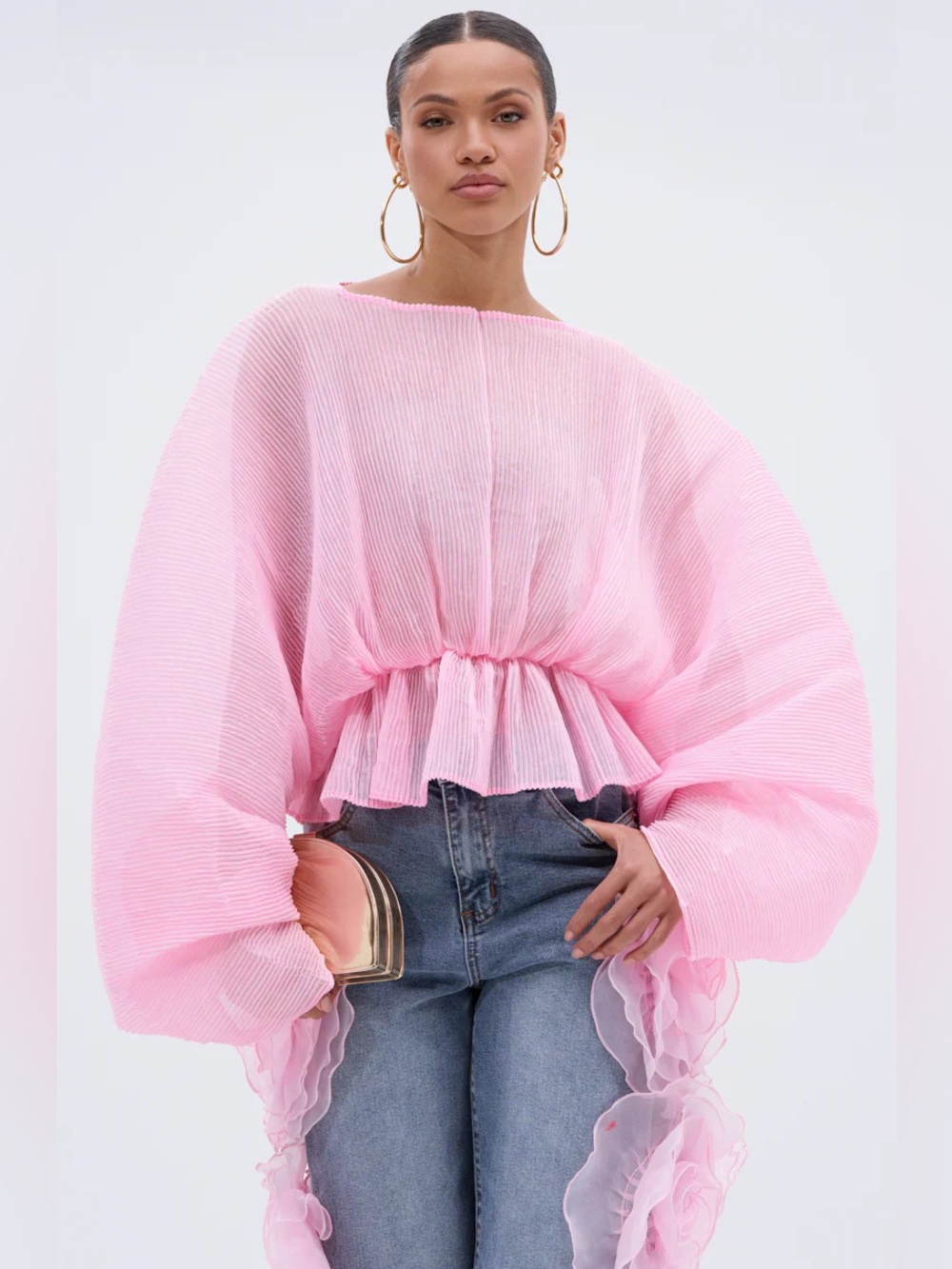 Pink Pleated Peplum Balloon Sleeve Top